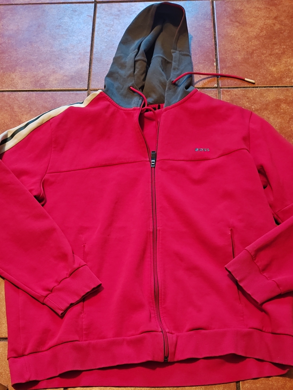 Boss Men's Red Zip Hoodie with Gray Lined Hood